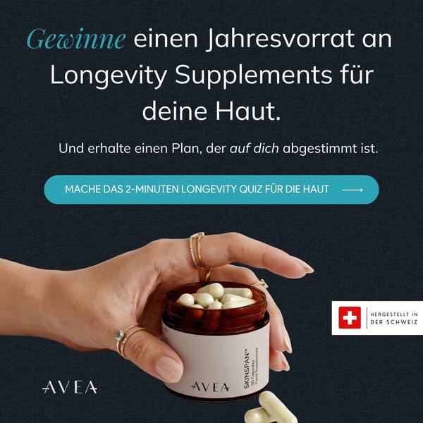 Ad for AVEA longevity supplements featuring a contest to win a year's supply.  The ad features the product packaging