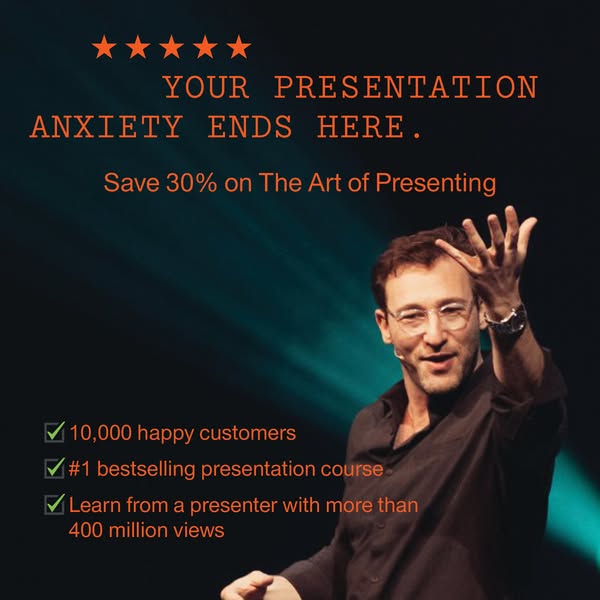 This image ad highlights a presentation course that solves the problem of presentation anxiety by leveraging social proo