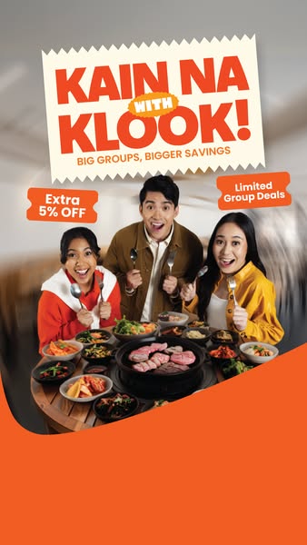 This ad promotes Klook, highlighting deals for big groups. It features three people around a table full of food, with te
