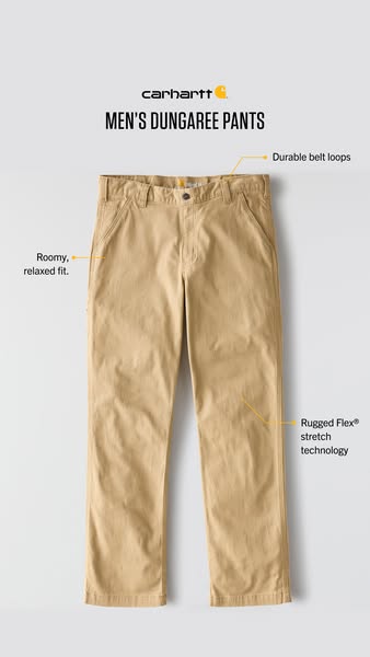 A simple image ad showcasing men's dungaree pants by Carhartt and calls out its key features like Rugged Flex stretc