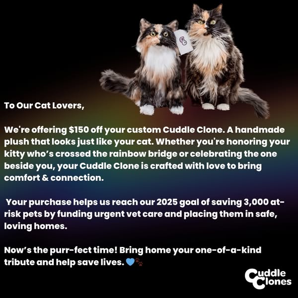 The image ad is for Cuddle Clones. The ad begins with a headline that appeals to cat lovers. It presents the company'