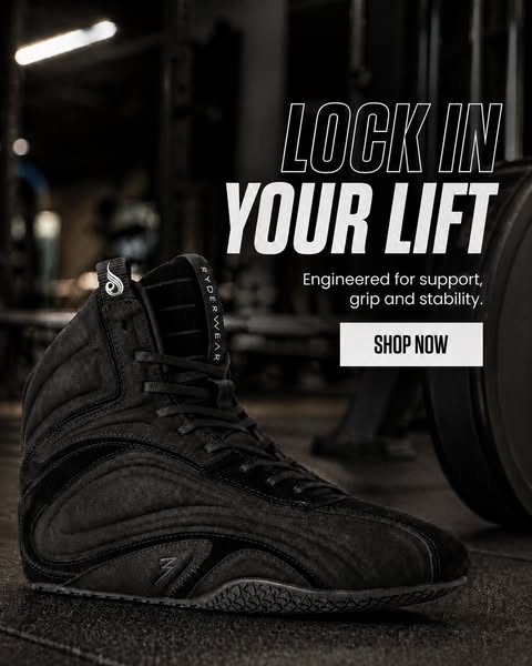 This image ad showcases Ryderwear's lifting shoe, highlighting its engineering for support, grip, and stability duri
