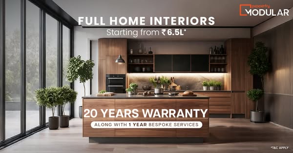 This image ad for Pepperfry Modular promotes their full home interior design services, highlighting a 20-year warranty a