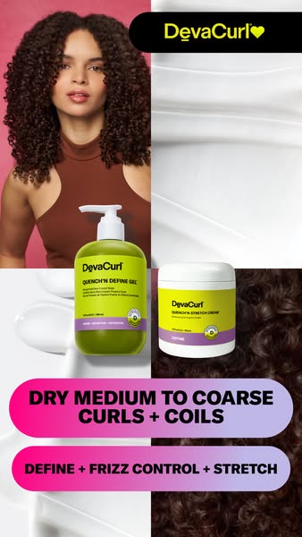 An ad for DevaCurl products showcases the Quench'n Define Gel and Quench'n Stretch Cream with a model who has cu
