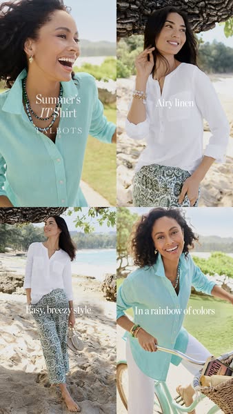 This image ad features four different photos of women wearing Talbots shirts and pants. Two of the images feature the wo