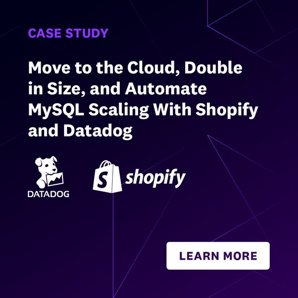 The ad promotes a case study about moving to the cloud, doubling in size, and automating MySQL scaling with Shopify and 