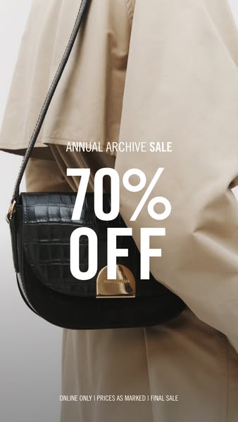 An image ad for an 'Annual Archive Sale' featuring a black leather handbag. The ad emphasizes a 70% discount and