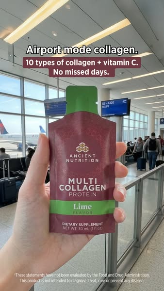 An image ad for Ancient Nutrition Multi Collagen Protein Lime Flavor. The ad shows a hand holding a single-serving packe