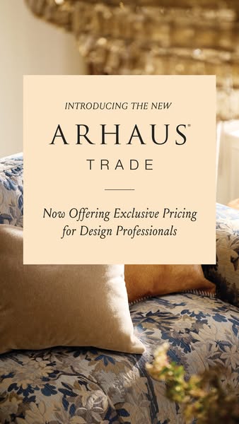 This ad introduces Arhaus Trade, offering exclusive pricing for design professionals.