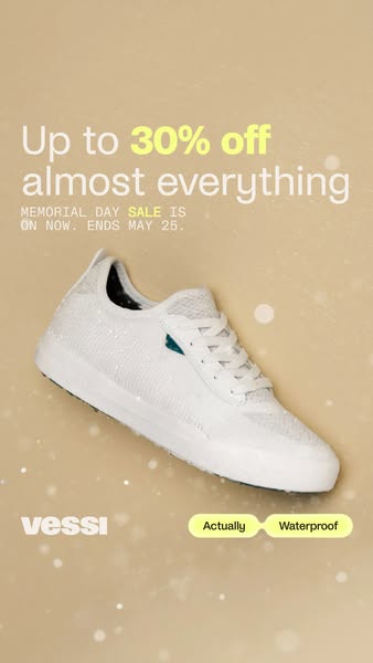 This ad promotes Vessi waterproof shoes, highlighting a Memorial Day sale with up to 30% off almost everything.