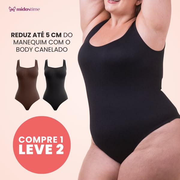This image ad for Midas Time promotes a ribbed bodysuit designed to reduce the wearer's measurements by up to 5 cm. 