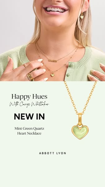 Image ad for Abbott Lyon featuring the Mint Green Quartz Heart Necklace and earrings. The ad features a model wearing th