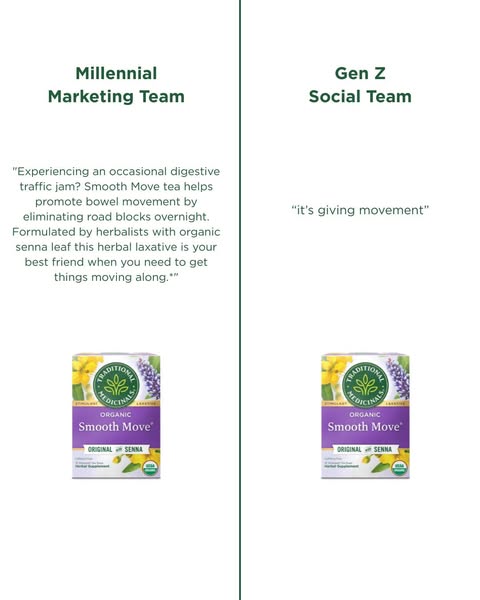 This ad compares the approach to marketing Traditional Medicinals Smooth Move tea for the Millennial marketing team and 