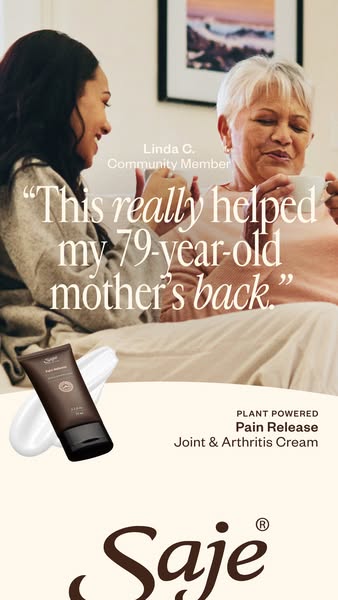 This image ad features a testimonial from a community member stating that Saje's Plant Powered Pain Release Joint &a