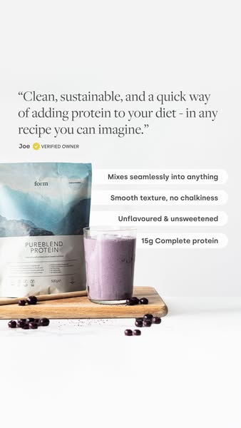 This ad features a testimonial from a verified owner of Form protein powder, highlighting its clean, sustainable, and ve