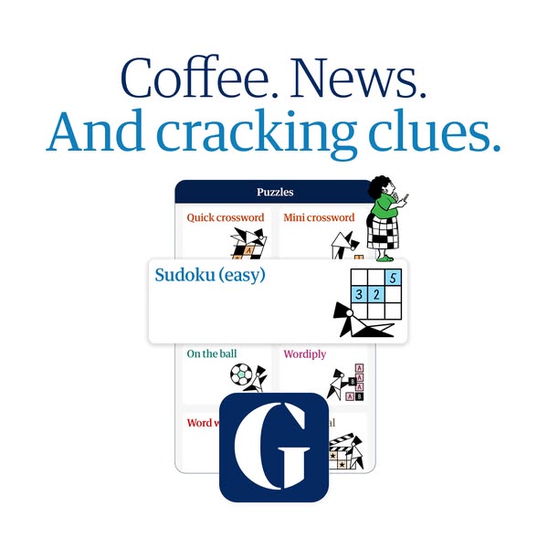 This ad promotes the puzzle games available from The Guardian with the headline, "Coffee. News. And cracking clues.