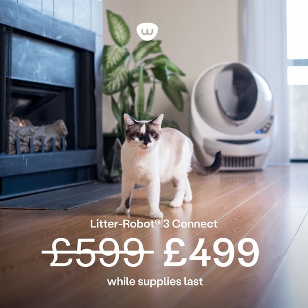 The ad features a Litter-Robot in a clean, modern home, with a cat in the foreground. The ad highlights a discounted pri