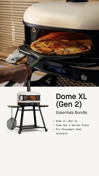This ad focuses on the Gozney Dome XL (Gen 2) Essentials Bundle. It showcases the pizza oven being used to cook a pizza 