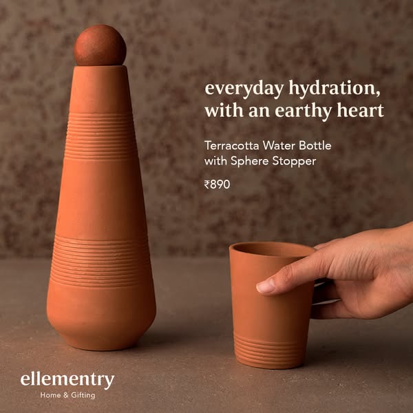 An advertisement for ellementry's Terracotta Water Bottle with Sphere Stopper that describes the product as everyday