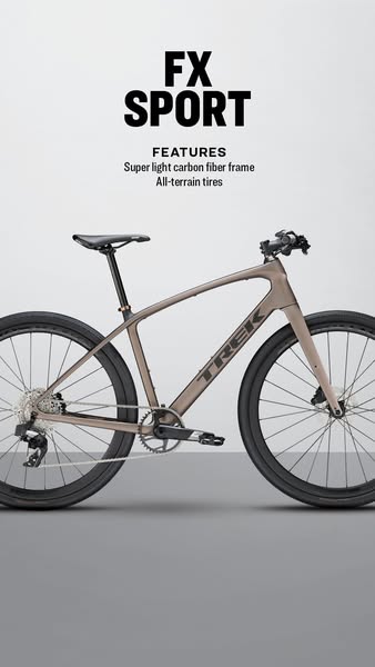 This image ad showcases a Trek FX Sport bike. The ad emphasizes the bike's super light carbon fiber frame and all-te