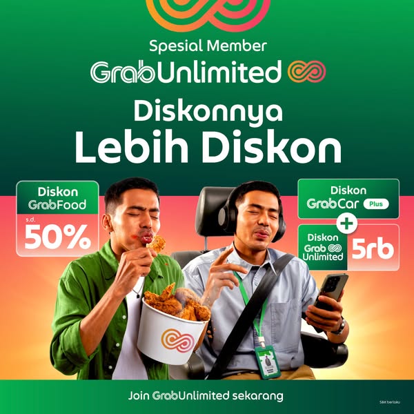 This ad promotes GrabUnlimited membership by showcasing discounts on GrabFood and GrabCar Plus services, emphasizing the