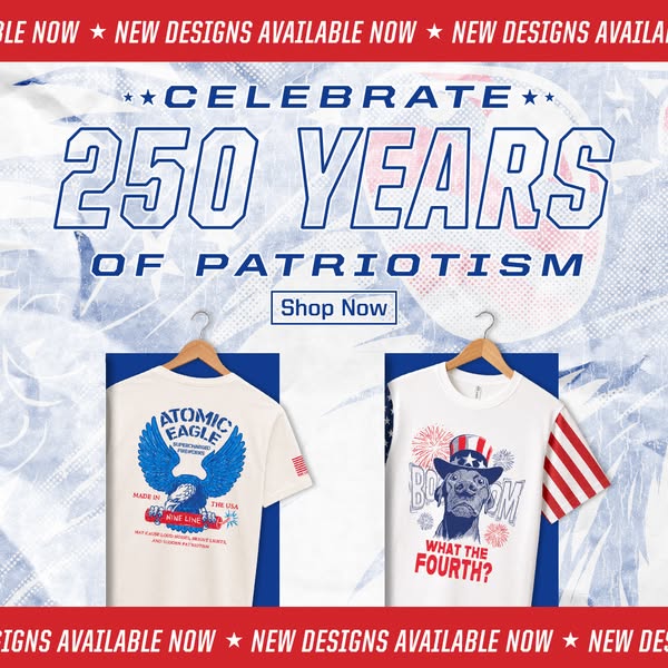 This is an image ad promoting new t-shirt designs in honor of the 250th anniversary of American patriotism. The ad featu