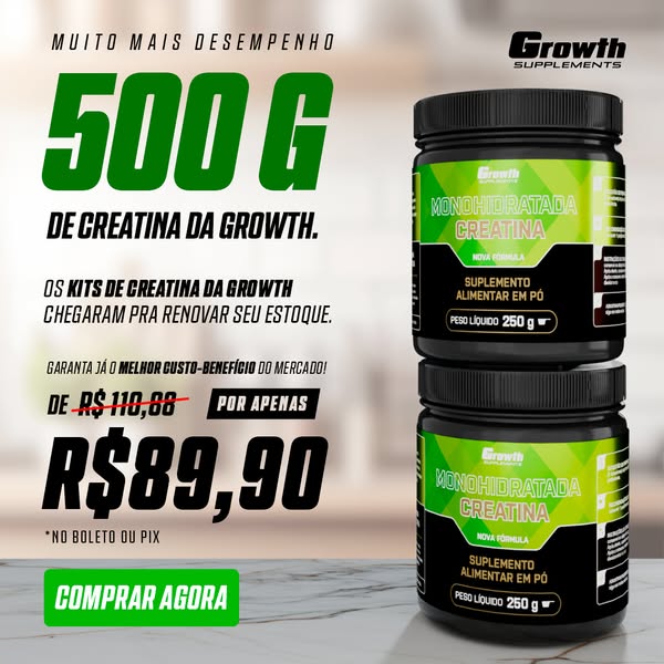 This image ad showcases Growth Supplements' creatine, highlighting its high quantity and offering a discounted price