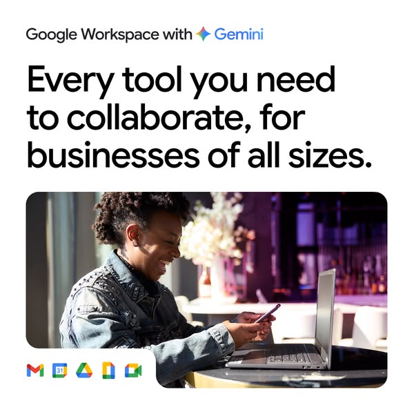 The ad promotes Google Workspace with Gemini, highlighting its collaborative tools suitable for businesses of all sizes.