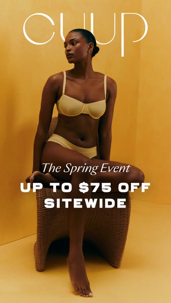 This ad features a woman wearing a Cuup bra and underwear in front of a solid color background. The ad is promoting a Sp