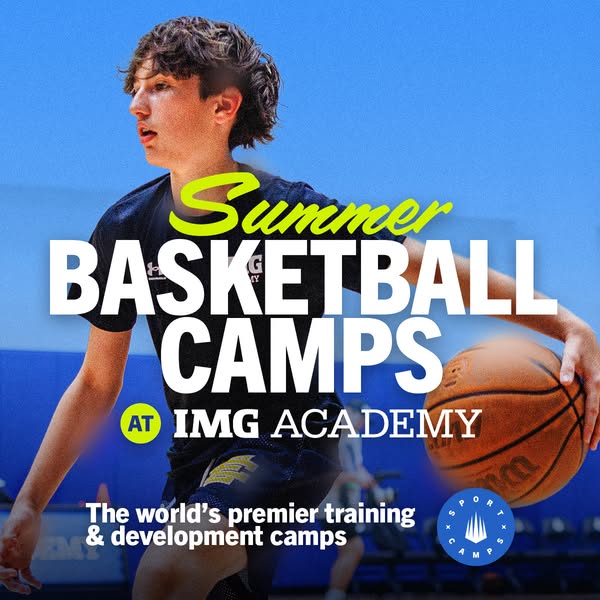 This image ad promotes summer basketball camps at IMG Academy. It features a young basketball player in action, with bol