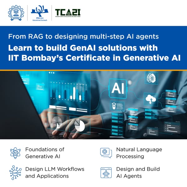 This ad promotes IIT Bombay's Certificate in Generative AI. It highlights the course's curriculum, covering topi