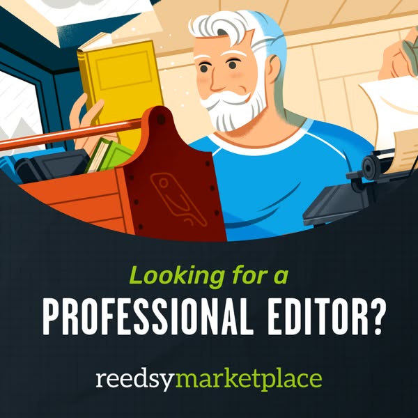 This ad is for Reedsy Marketplace, a platform that connects authors with professional editors. The ad features an illust