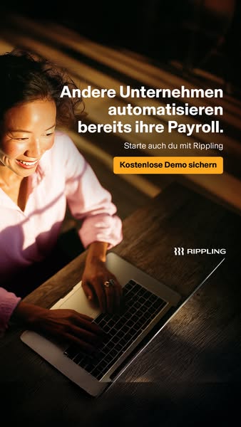 This ad is for Rippling, a payroll automation service for businesses. The ad features a woman typing on a laptop with th