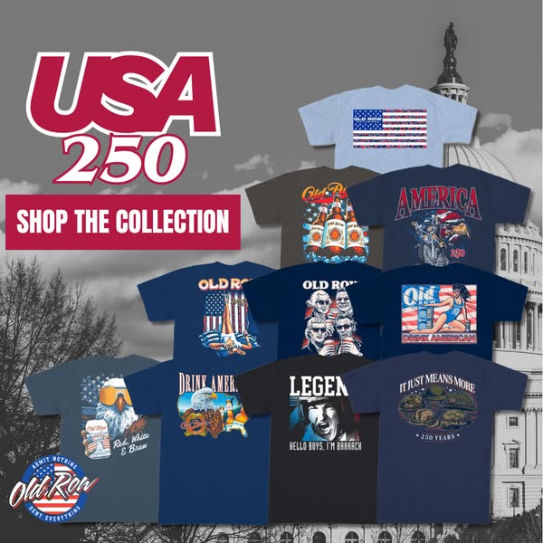 This ad showcases a collection of Old Row brand T-shirts with patriotic and American-themed designs. It appeals to an au