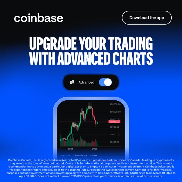 This ad promotes Coinbase's advanced charts for crypto trading, showcasing how they can upgrade your trading experie