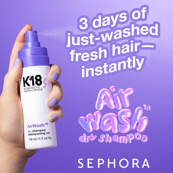 This image ad by K18 promotes its AirWash dry shampoo, promising 3 days of just-washed, fresh hair instantly. The ad fea