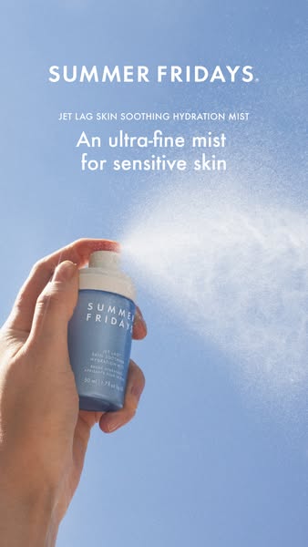 This ad for Summer Fridays features a product shot of the Jet Lag Skin Soothing Hydration Mist being sprayed by a hand a