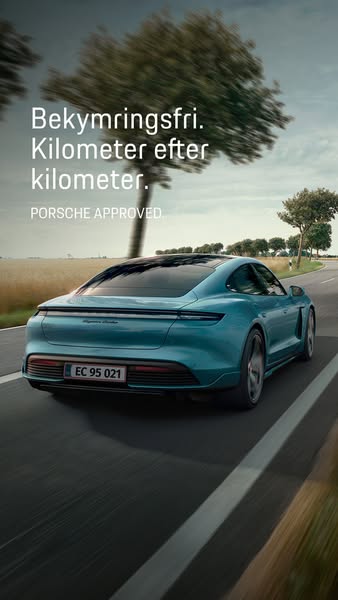 This ad for Porsche Approved features a sleek, turquoise Porsche Taycan driving on a rural road. The ad emphasizes worry