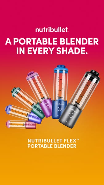 This image ad showcases the Nutribullet Flex portable blender in various colors. The ad emphasizes the product's por