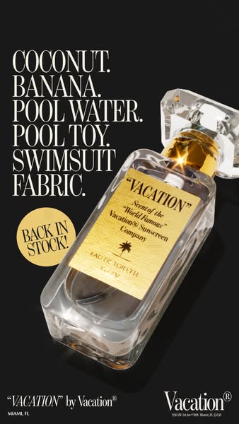 This image ad for Vacation brand fragrance features a list of summer scents followed by the product bottle.