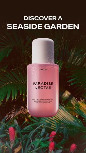 This ad showcases the Phlur Paradise Nectar Hair & Body Fragrance Mist. The image features a close-up shot of the pr