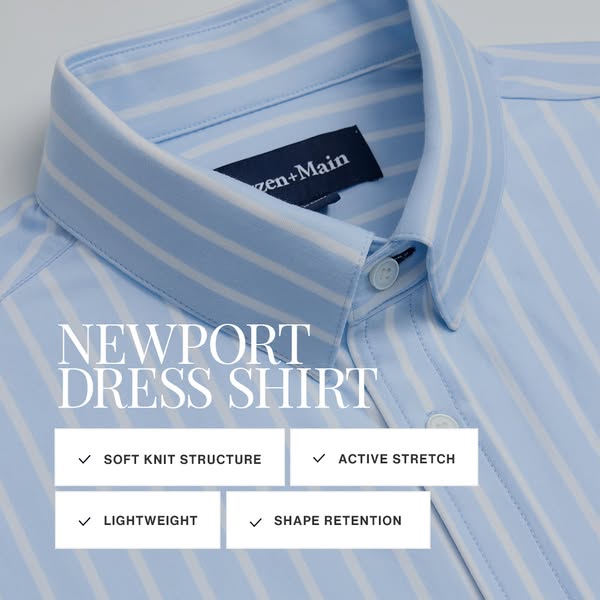 This image ad showcases a close up shot of the Zen+Main Newport dress shirt, highlighting its features such as soft knit