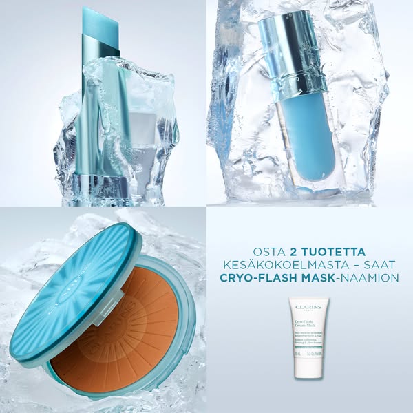 This ad for Clarins features three of their beauty products. Two products are presented encased in ice, conveying a cool