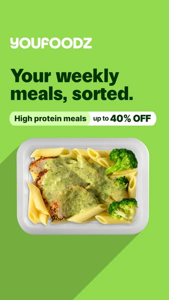 This image ad for Youfoodz promotes prepared, high-protein meals with an offer for up to 40% off. The image shows a clos