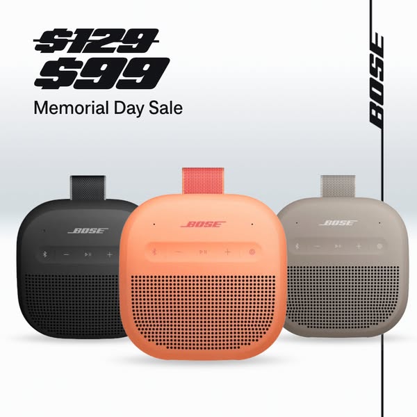 This image ad showcases three Bose speakers in different colors, promoting a Memorial Day Sale with a reduced price.