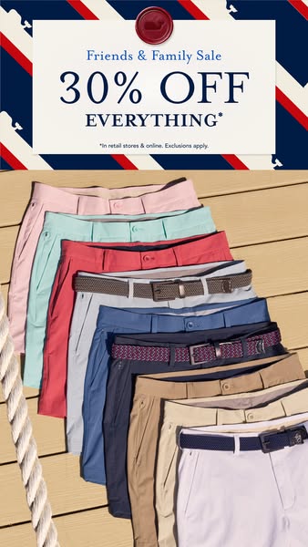 This image ad promotes a 'Friends & Family Sale' offering 30% off everything at vineyard vines, featuring a