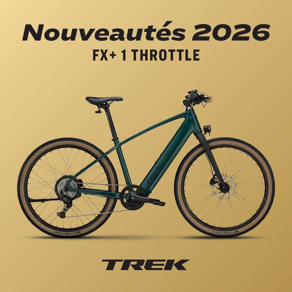 This ad showcases the Trek FX+ 1 Throttle e-bike, highlighting its new features for 2026. The ad uses a clean, studio-sh