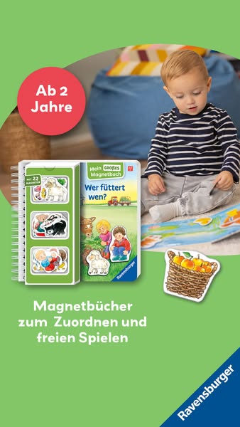 This ad showcases a magnetic book product from Ravensburger, designed for children ages 2 and up, encouraging matching a