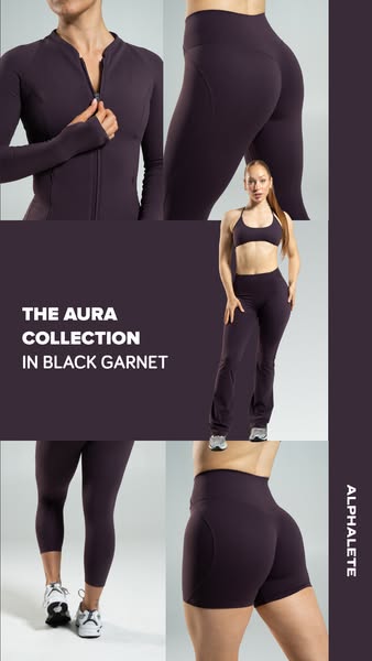 This image ad showcases a collection of matching workout apparel in a dark purplish-red color called Black Garnet. The a
