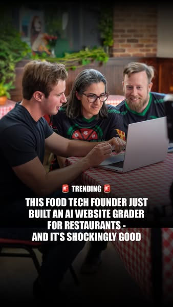 This ad highlights a food tech founder who created an AI website grader for restaurants.